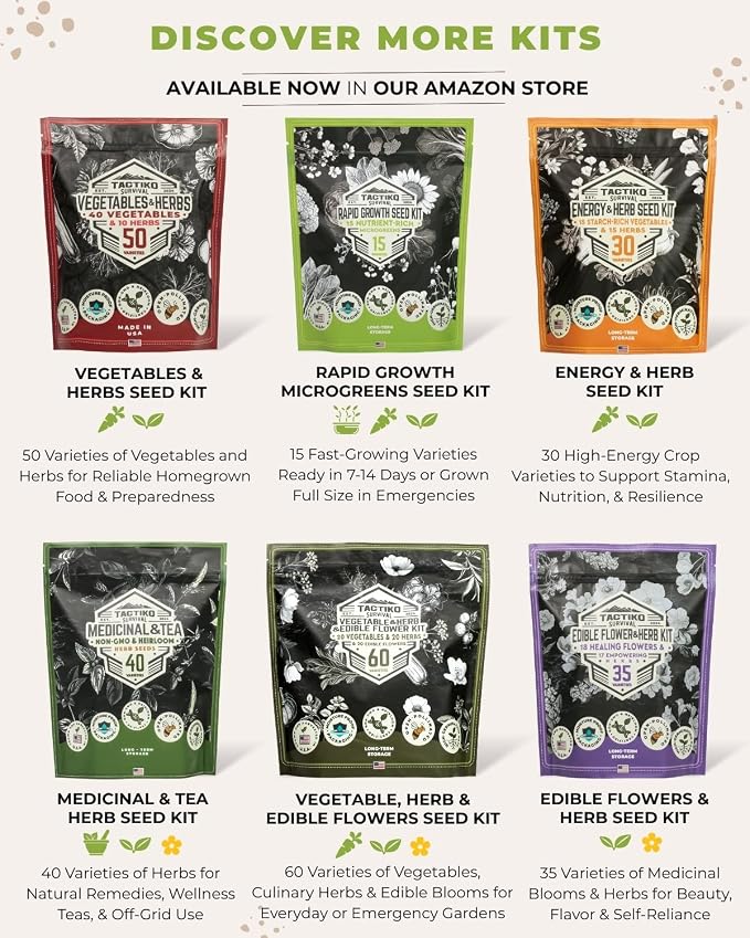 Tactiko Survival 15 Vegetable Seed Kit Varieties for Small Urban Garden, Balconies & Patios - Non-GMO, Heirloom - Popular USA-Grown Dwarf Seeds for Planting Vegetables - Indoor, Outdoor