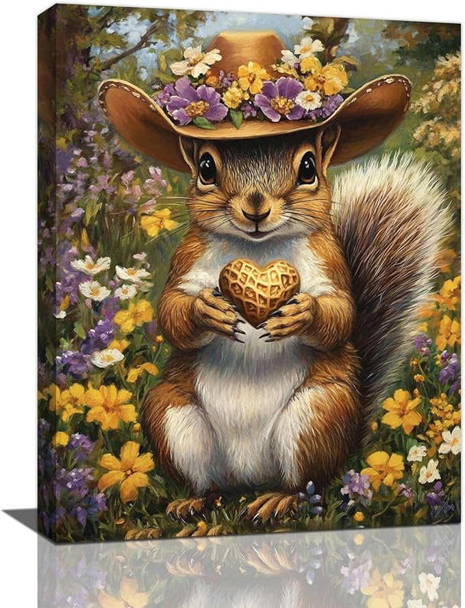 Western Squirrel Wall Art, Squirrel Peanut Pictures Wall Decor, Country Rustic Animal Canvas Prints, Forest Flower Painting, Framed Artwork for Bathroom Living Room Bedroom Dining Room 20"X16"