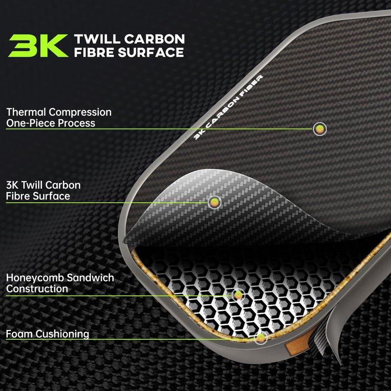 PICKSPT USAPA Approved Pickleball Paddle - 3K Carbon Fiber Surface, 16mm Polypropylene Honeycomb Core, 8oz Lightweight, Thermal Compression Tech, Anti-Slip Grip