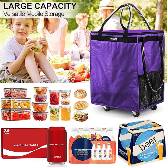 (Medium,Violet) Reusable Grocery Bag on Wheels, 70L Foldable Rolling Tote, Carries Up to 66 lbs Shopping Trolley, Zipper Clouser Shopping Carts for Trips, Laundry, 4 Heavy Duty Wheels and 3 Handles | Bag on Wheels, Foldable