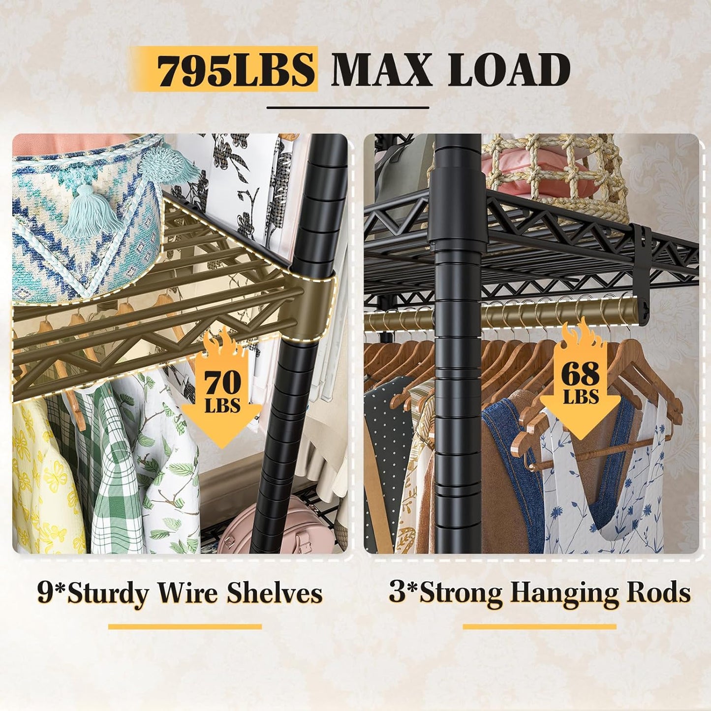 Raybee Clothes Rack Heavy Duty Load 795LBS Portable Clothing Racks for Hanging Clothes Adjustable Garment Rack, 56" W X16 D X 75.5" H Black