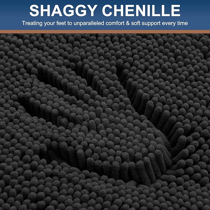 Smiry Luxury Chenille Bathroom Rugs 47x20, Extra Soft and Absorbent Shaggy Bath Mat, Machine Washable, Non-Slip Plush Carpet Runner for Tub, Shower, and Floor, Home Decor Accessories, Black