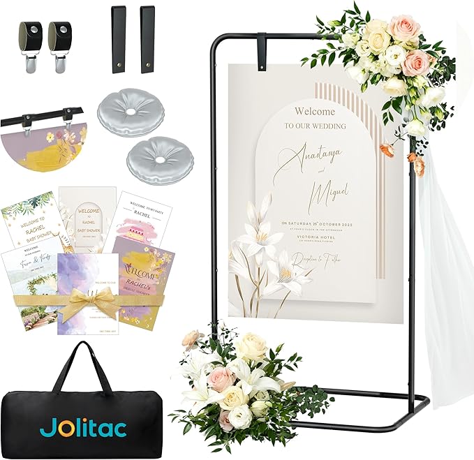 Jolitac Wedding Welcome Sign Holder, Adjustable Wedding Sign Stand Leather Hanging Straps & Design Bundle Heavy Duty Metal Easel Stand for Seating Charts, Bridal Showers, Birthday Party Displays