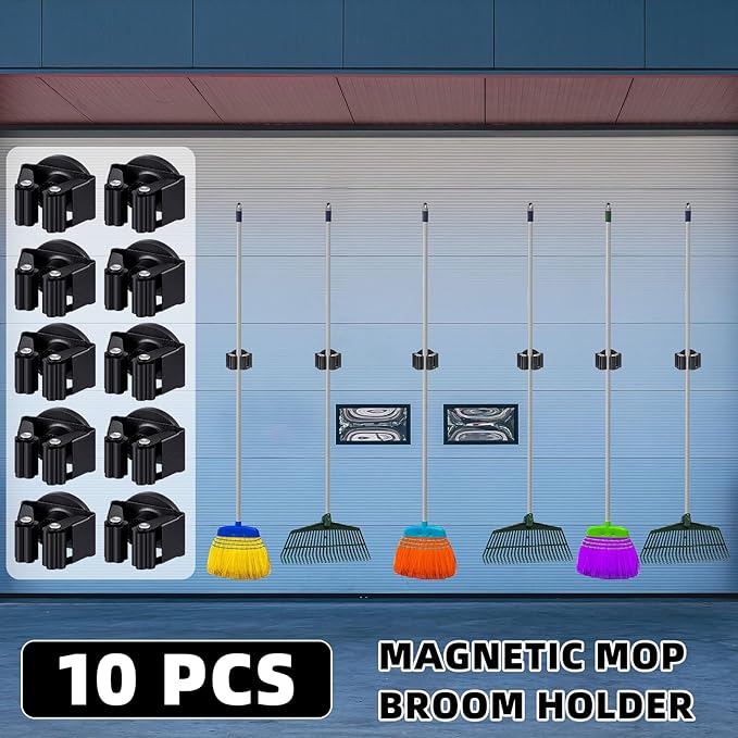 Vercraft 10 Pcs Magnetic Mop Broom Holder Movable Magnetic Broom Holder Rack, Anti Slip Wall Mounted Utility for Cleaning Tools, Garage, Kitchen, Laundry, Garden (Black)