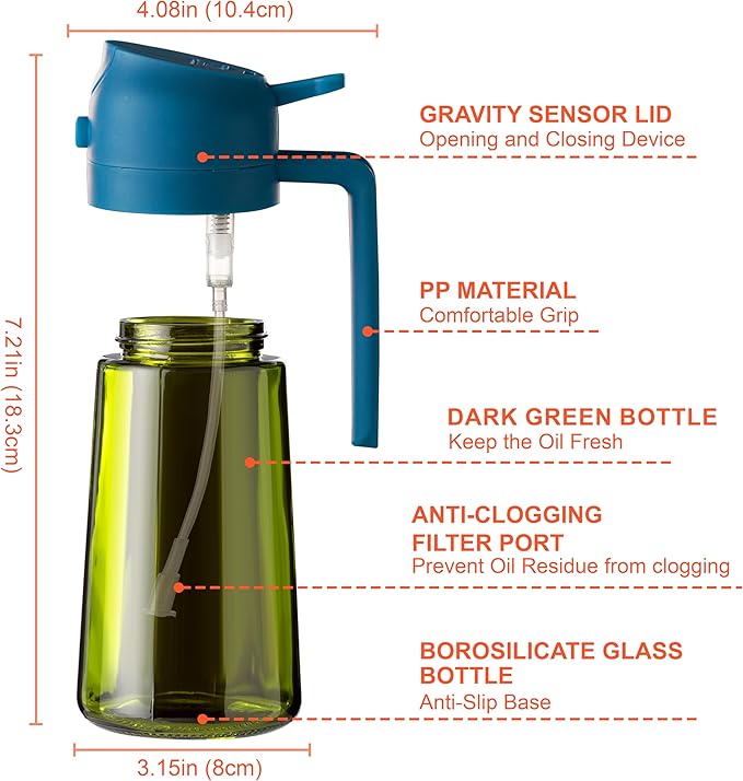 CXINYI - 16oz/470ml Olive Oil Dispenser for Kitchen with Stickers - 2 in 1 Olive Oil Sprayer for Cooking, Air Fryer, and Salad, Blue (Light-Proof Kitchen Gadget)