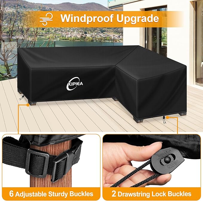 Kipiea L-Shape Patio Furniture Covers Waterproof, 500D Heavy Duty Outdoor Sectional Cover Windproof, Outdoor Couch Cover Anti-UV, No Tears & No Fading (Left Facing, 120" x 90" L x 33.5" D x 31" H)