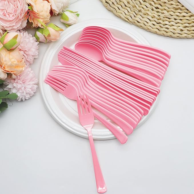 150 Pack Light Pink Plastic Silverware, Pink Plastic Utensils Heavy Duty Includes 50 Disposable Forks, 50 Knives, 50 Spoons for Birthday, Bride Shower, Wedding