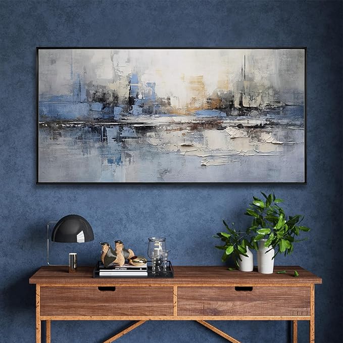 Abstract wall Art Framed Artwork Blue and Gray White Decor Modern Canvas Wall