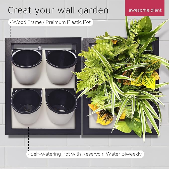 Wall Garden 4 Vertical Wall Planter, 4 Pots Wood Frame Self Watering Living