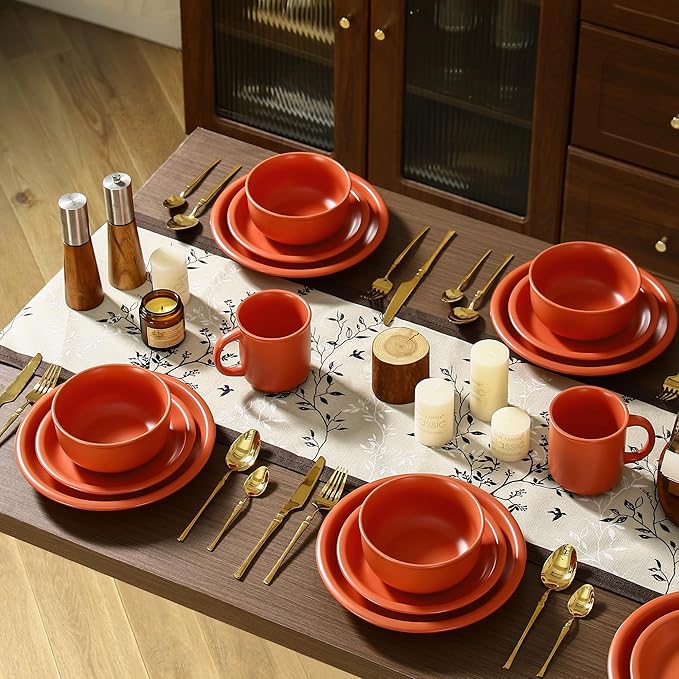 GZG Vintage Series - Ceramic Dinnerware Set for 4, 12 Pieces Stoneware Plates and Bowls Set, Lead-Free, Handcrafted Dishes Set, Microwave & Dishwasher Safe - Terracotta Red