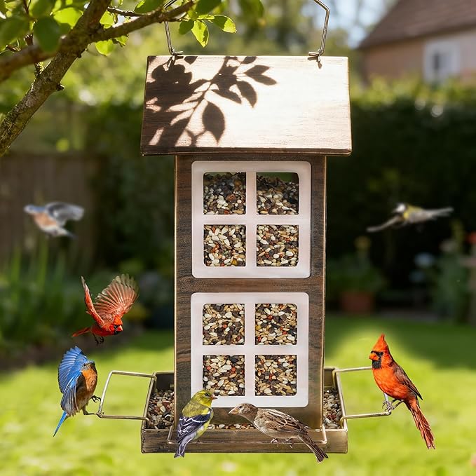 Bird Feeders, Heavy Duty Metal Bird Feeder for Outdoors Hanging, Weatherproof Large Capacity Wild Birdfeeder for Outside Garden Yard, Country House Shape (Vertical)