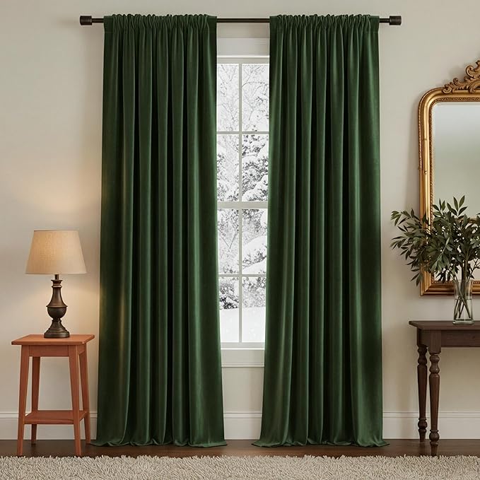 NICETOWN Room Darkening Dark Green Velvet Curtain Panels