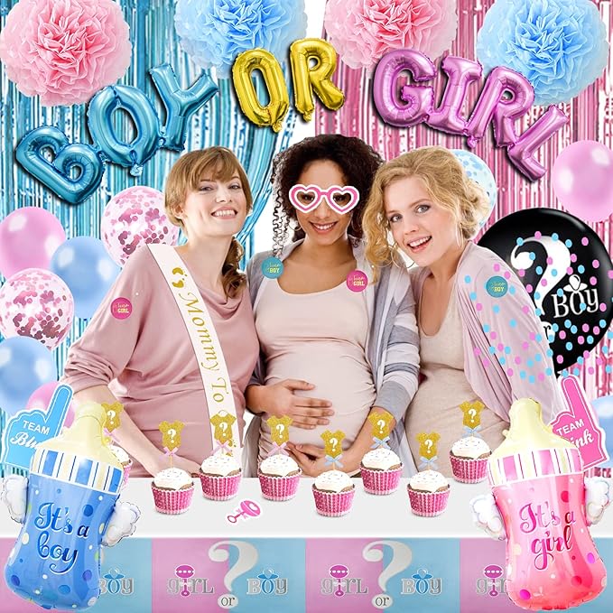 124 Pcs Gender Reveal Decorations Kit, Party Supplies With 36'' Balloon, Boy OR Girl Foil Balloon, Paper Pompoms, Tablecloth, Photo Props