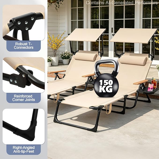 Beach Lounge Chairs with Armrests, 4-Position Folding Lounge Chairs for Outside, Sunbathing Portable Lounge Chaise, Tanning Chair Pillow & Cup Holder, for Outside Beach Pool (Beige.)