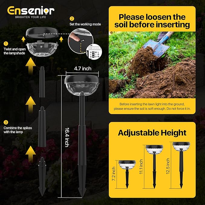 Ensenior 10-Pack Solar Lights Outdoor, Auto ON/Off 3000K LED Solar Garden Lights for Pathway, Yard, Patio, Walkway, Flower Bed, Waterproof, Energy-Efficient Landscape Lighting, Adjustable Height