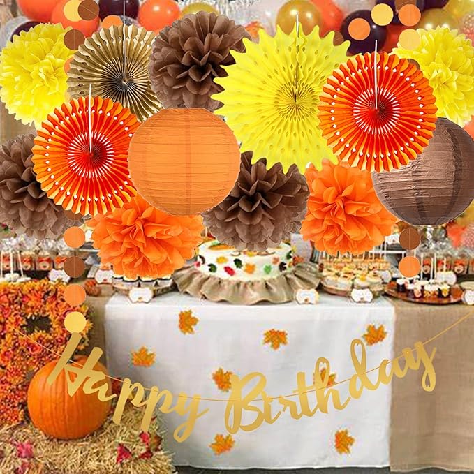 Fall Birthday Decorations Orange Autumn Hanging Paper Fans Orange Brown Yellow Tissue Pom Poms Lantern Circle Dot Garlands Happy Birthday Banner for Baby Shower Fall Harvest Party Decor