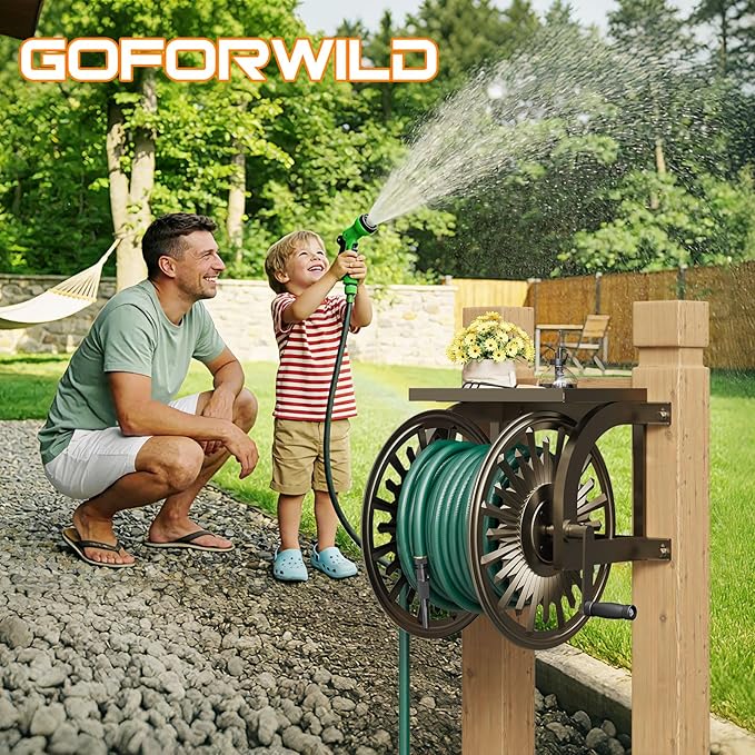 GOFORWILD Metal Decorative Wall Mount Hose Reel - Heavy Duty, Leak-Proof Connection, Holds 200ft x 5/8 Hose, Bronze Finish, Easy Assembly