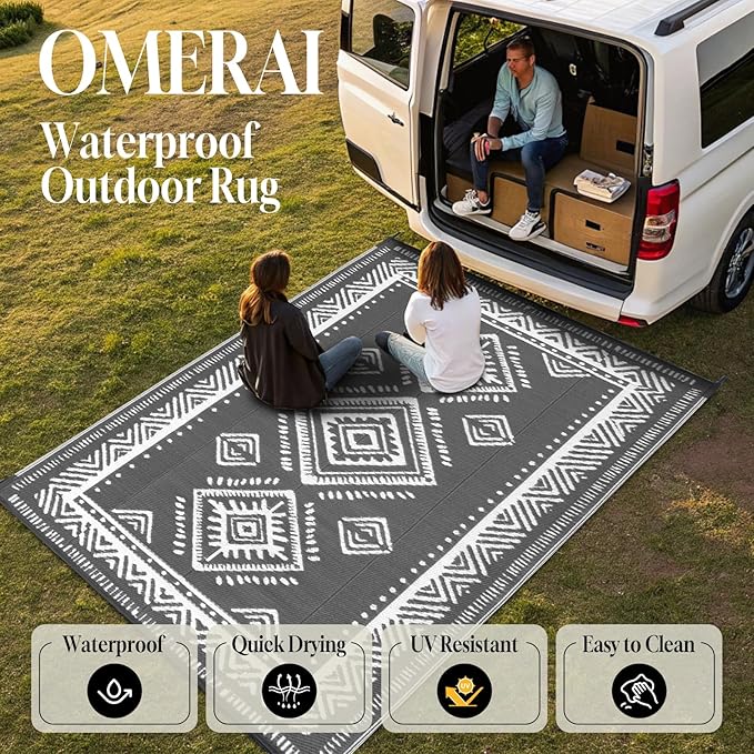 OMERAI Reversible Waterproof Outdoor Rug for Backyard,Plastic Textured Resistant Outdoors Rugs,Portable Washable Easy Cleaning Foldable Camping Beach Carpet for Patio Courtyard, 5'x8' Gray & White