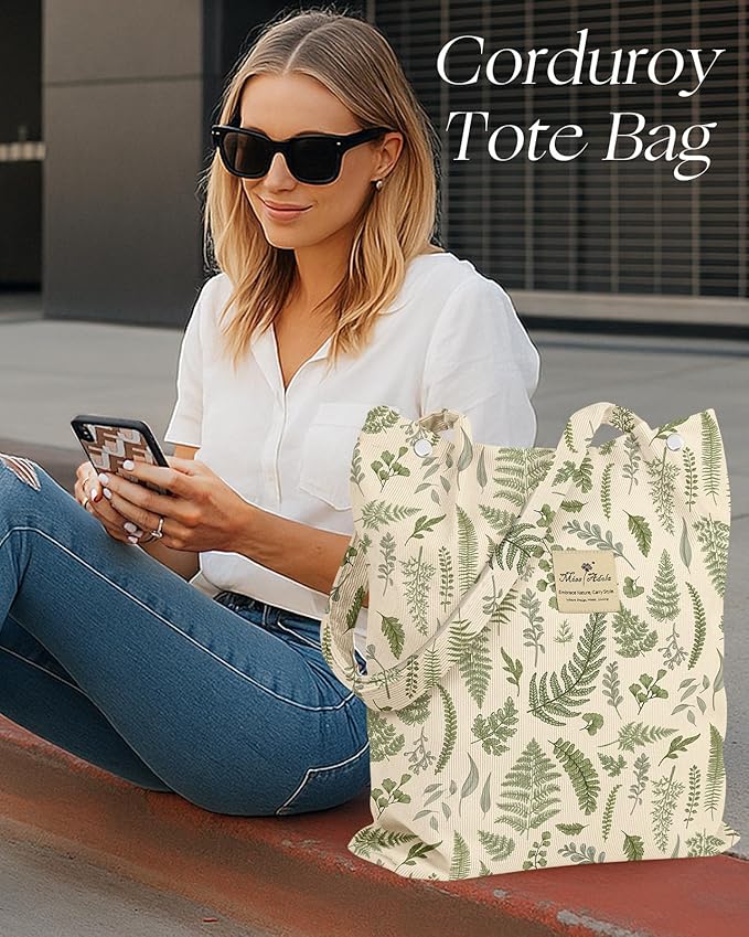 Miss Adola Corduroy Tote Bag for Women - Reusable Totes with Magnetic Buckle & Pocket Aesthetic Design Work Grocery Bags