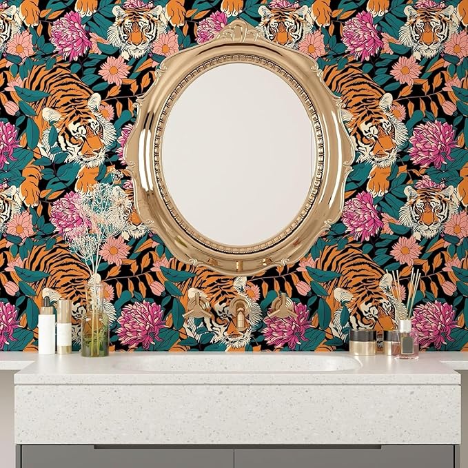 BOKEBEVE Tiger Wallpaper Peel and Stick Vintage Floral Contact Paper Retro Boho