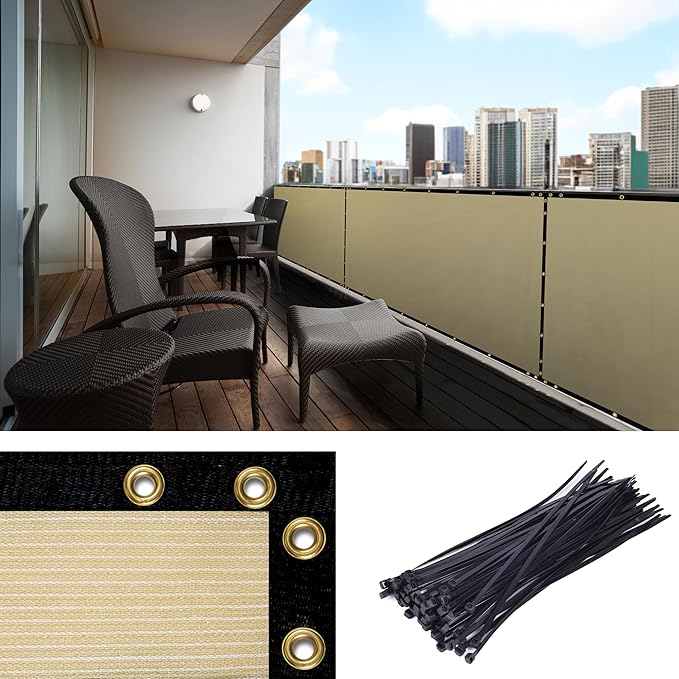 Amgo Custom Made 3' x 29' Beige Balcony Privacy Screen, Apartment Porch Railing Patio Fence Windscreen Fabric Cloth, Heavy Duty, Commercial and Residential, 90% Blockage (We Customize)
