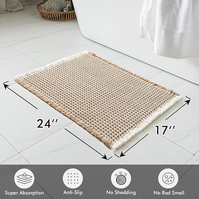 MIULEE Set of 2 Waffle Bathroom Rugs, Boho Bath Rugs Non Slip Washable, Super Absorbent Bath Mats, Ultra Soft Rubber Backed Shower Mats for Bathroom Floor, Tub, Brown & White, 17x24 Inch