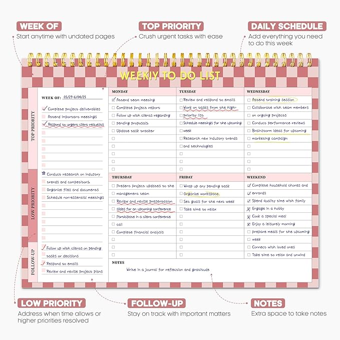 Taja Weekly To Do List Notepad with 52 Undated Sheets（8.5"×11"）- Weekly Desk Planner for Women & Man, Work and Home - 1 Pack Rose Checkered