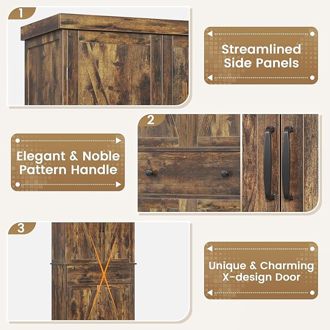72" Tall Kitchen Pantry Cabinet, Rusty-Brown Pantry Storage Cabinet with Adjustable Shelves, Barn Doors and Drawer Farmhouse Cupboard for Kitchen, Dining Room, Bathroom (16" D x 30" W x 72" H)