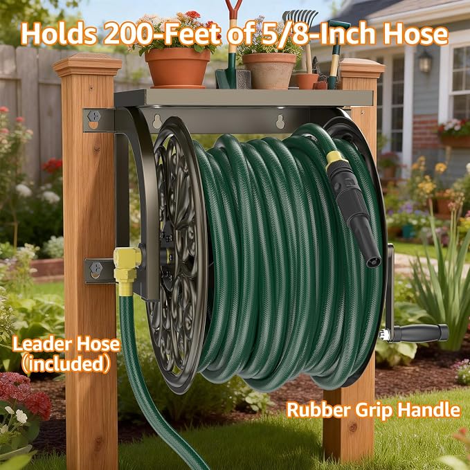 GOFORWILD Garden Wall Mount Hose Reel, Decorative Hose Reel, Garden Heavy-Duty Water Hose Holder Winder, Holds 200-Feet of 5/8-Inch Hose