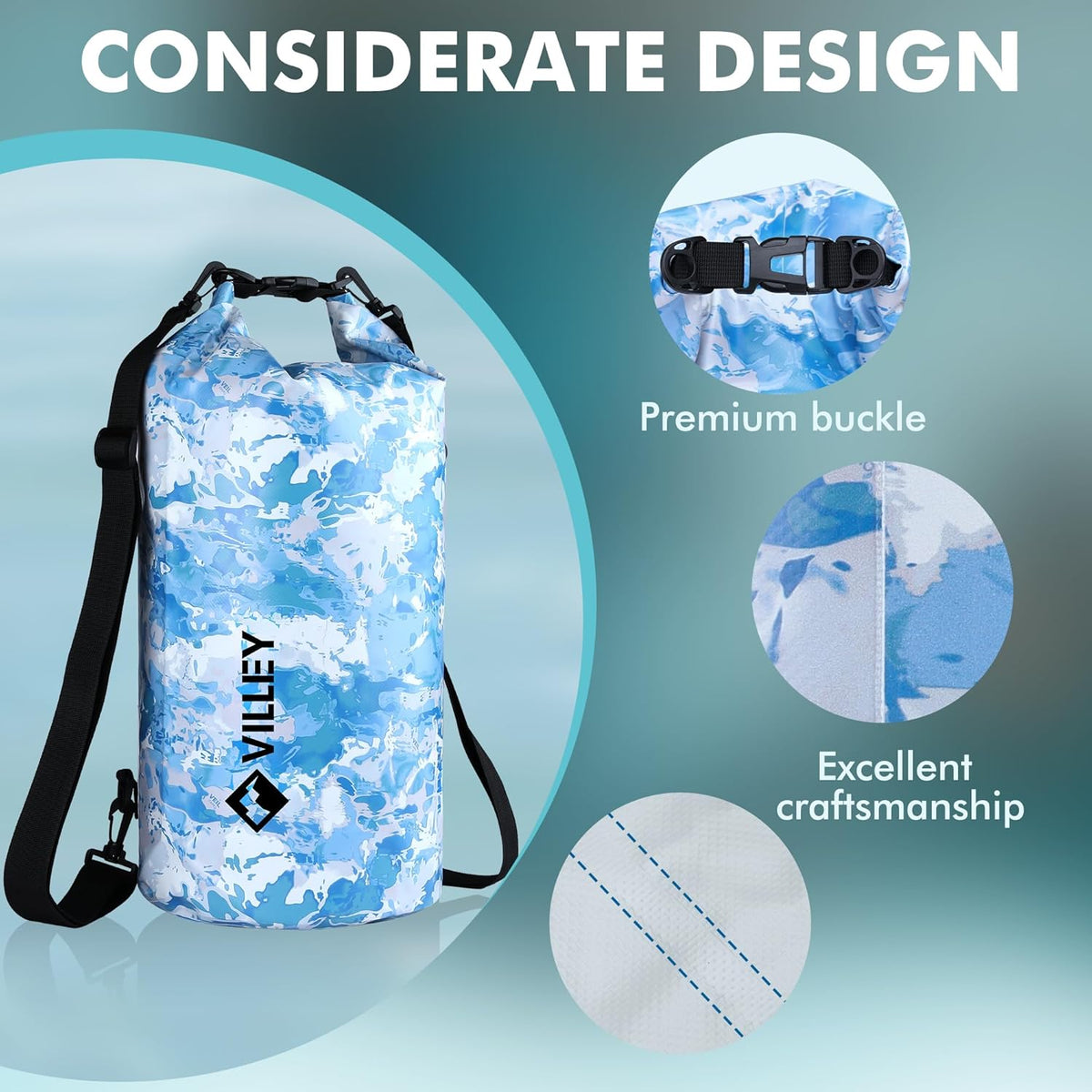 VILLEY Waterproof Dry Bag - 10L Roll Top Backpack for Kayaking, Boating & Camping | Blue Camo Design