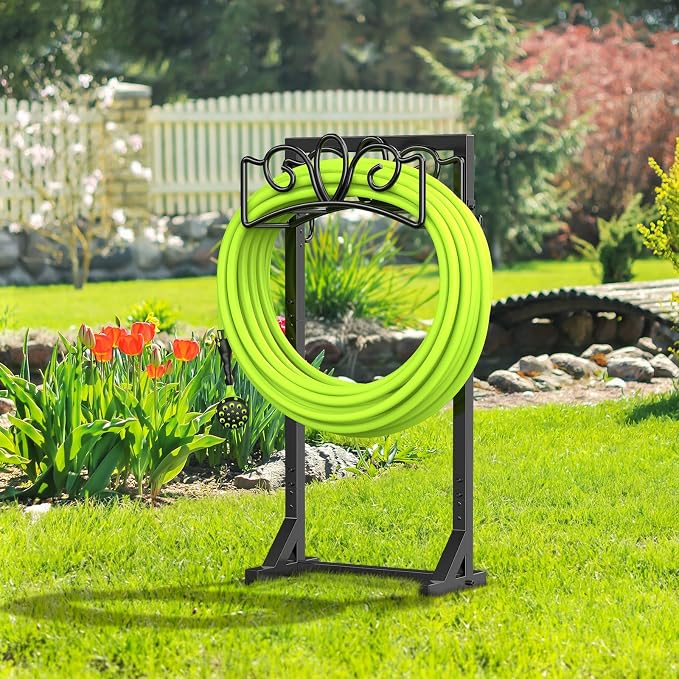 Garden Hose Holder Reel, Upgraded Metal Hose Reels Holds 150ft Hose, Heavy Duty Freestanding Water Hose Holders, Detachable Hose Storage Hanger for Outside - Flower Vine
