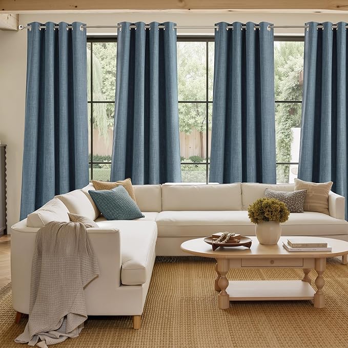 NICETOWN Mist Blue Faux Linen Room Darkening Rod Pocket Curtains 63 inch Length