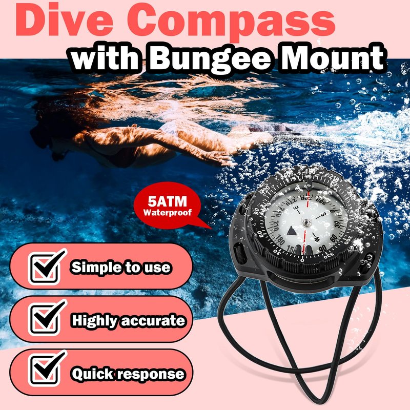 Scuba Dive Compass, Waterproof 5ATM Marine Navigation Wrist Compass with Bungee Mount and Cord, Glow in The Dark for Underwater Diving, Sailing, Camping, Kayaking, Hiking (Black)