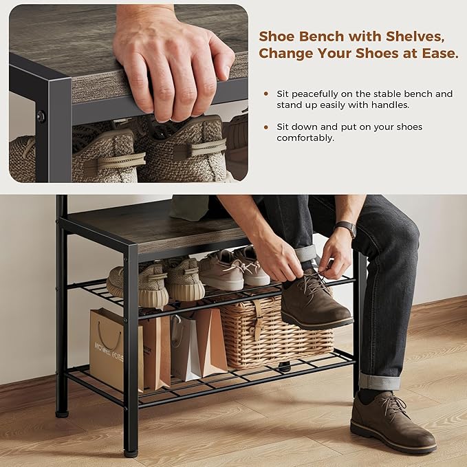 DUMOS Hall Tree with Shoe Bench and Coat Rack, Entryway Bench with Shoe Storage and Hooks, 4-in-1 Coat and Shoe Rack for Entryway, Mudroom Storage Organizer with Shelves, Industrial Grey
