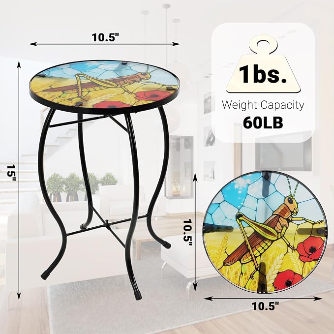 Small Side Table with Metal Frame, 10.5" Round Side Tables with Grasshopper Pattern,Outdoor Table for Balcony,Terrace,Garden,Living Room