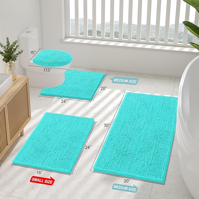Smiry Luxury Chenille Bathroom Rugs 47x17, Extra Soft and Absorbent Shaggy Bath Mat, Machine Washable, Non-Slip Plush Carpet Runner for Tub, Shower, and Floor, Home Decor Accessories, Turquoise
