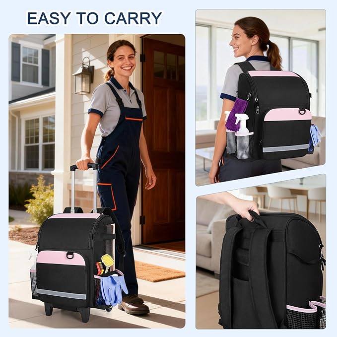LoDrid Rolling Cleaning Backpack with Detachable Trolley, Professional Cleaning Supply Bag with Wheel, Mobile Cleaning Cart with Handle and Shoulder Strap, Cleaning Bags for House Cleaners, Bag Only