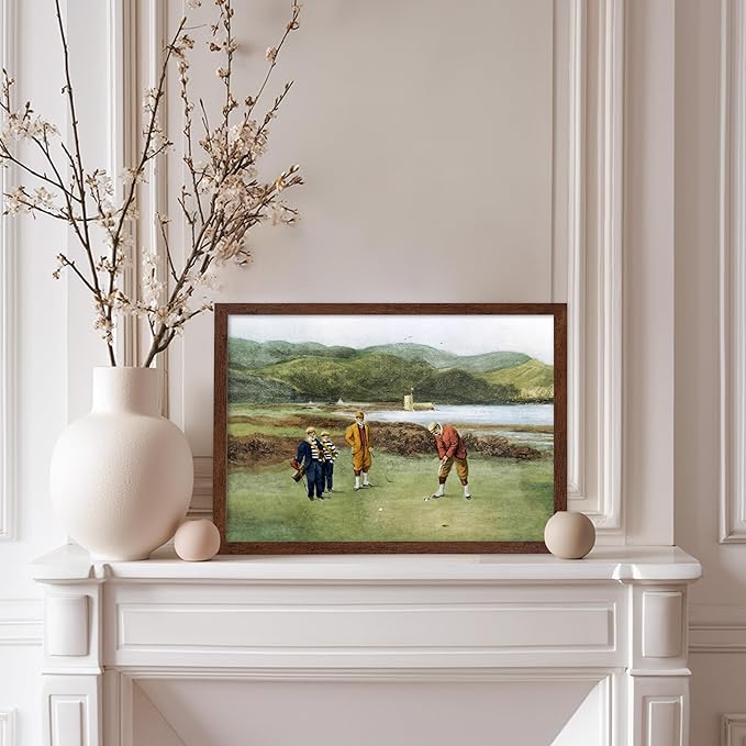 Poster Master The Putting Green Painting Poster - Golf Course Print - Golf Art - River Art - Sports Art - Landscape Art - Father's Day Art - Great Office or Living Room Decor, 8x10 Brown Framed