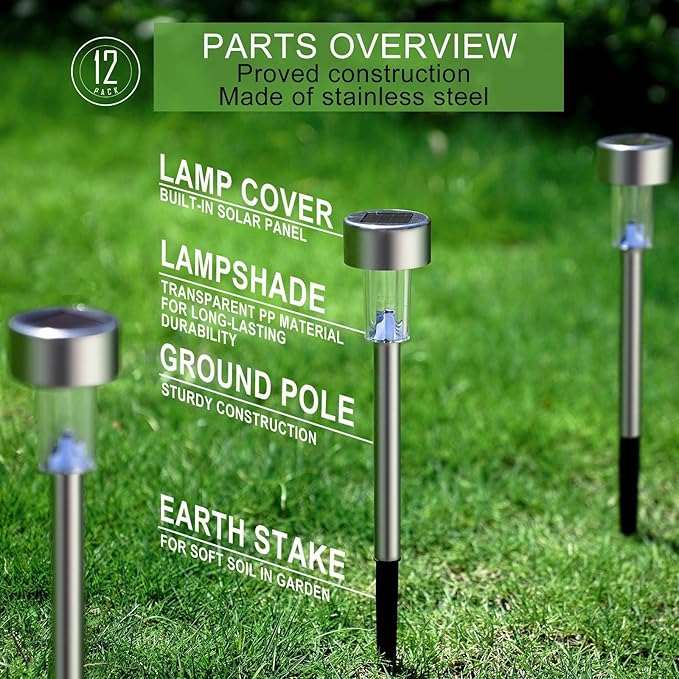 Dream Master Solar Lights Outdoor Waterproof, Stainless Steel LED Landscape Lighting, Solar Garden Lights, Outdoor Christmas Decorations for Yard, Pathway, Walkway, Patio, Lawn - 12Pack(Warm White)