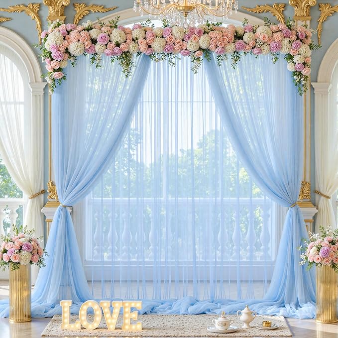 Baby Blue Tulle Backdrop Curtain for Parties Baby Shower Boys Light Blue Sheer Backdrop Curtains Drapes for Birthday Party Wedding Photo Shoot Background Decorations 2 Panels 5ft X 8 ft