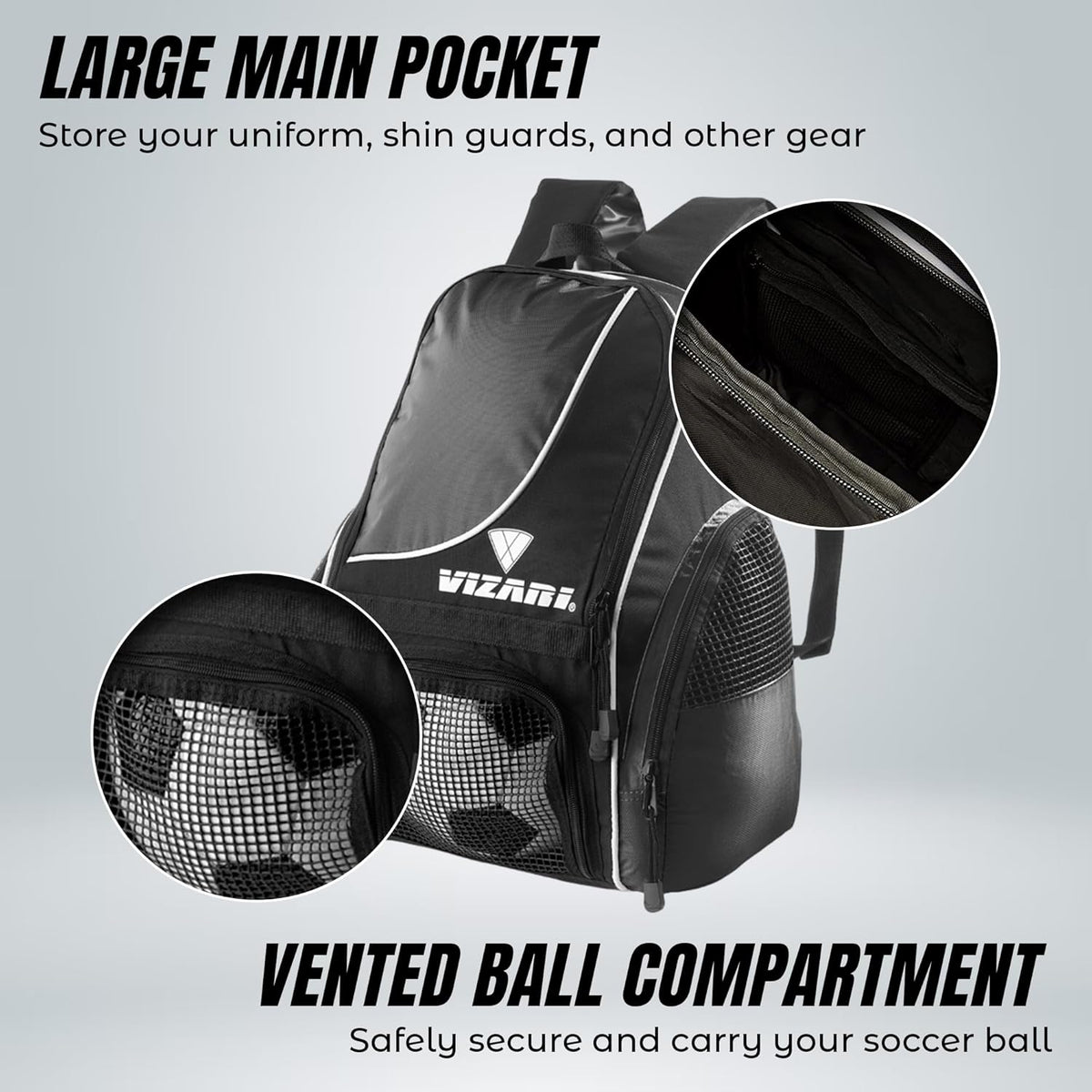 Vizari Solano Soccer Backpack - Ball Compartment, Vented Pocket & Mesh Cargo Pockets | Ideal for Adults & Teens