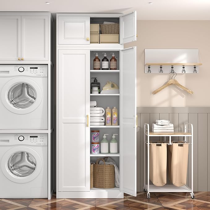 Steeloong86“ Kitchen Pantry Cabinet,Metal Storage Cabinets with Doors and 4 Adjustable Shelves,White Kitchen Cabinet with 4 Gold Handles,Tall Cabinet for Livingroom,Pantry, Bathroom