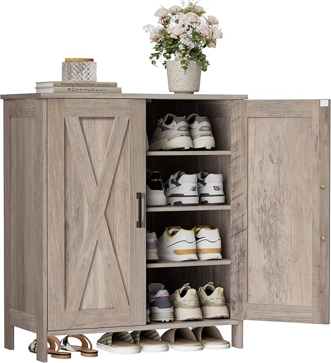Farmhouse Shoe Cabinet with 2 Barn Doors & Wood Legs, 5-Tier Shoe Storage Cabinet with 3 Adjustable Shelves, Tall Shoe Rack Organizer for Closet, Shoe Organizer for Entryway, Hallway, Greige