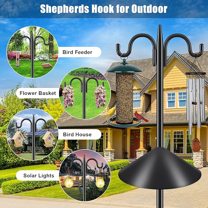Gtongoko Squirrel Proof Bird Feeder Pole, 108 Inch Double Shepherds Hook with 19 Inch Squirrel Baffle, Heavy Duty Adjustable Outdoor Bird Feeder Stand with 5-Prong Base for Garden, Plants, Black