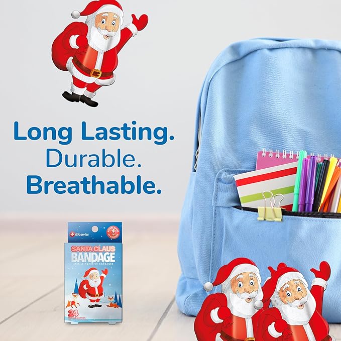 BioSwiss Kids Bandages, Christmas Santa Claus Shaped Self Adhesive Bandage Set, Latex Free, Sterile Wound Care, 24 Count