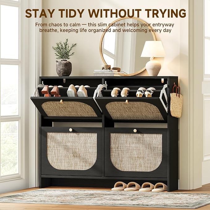 Nicetree Freestanding Arched Rattan Accent Ultra Slim Shoe Cabinet for Entryway - 4 Flip Drawers & 3-Tier Adjustable Shelves, Farmhouse Modern Rustic Shoe Rack for Hallway Foyer Living Room,Black