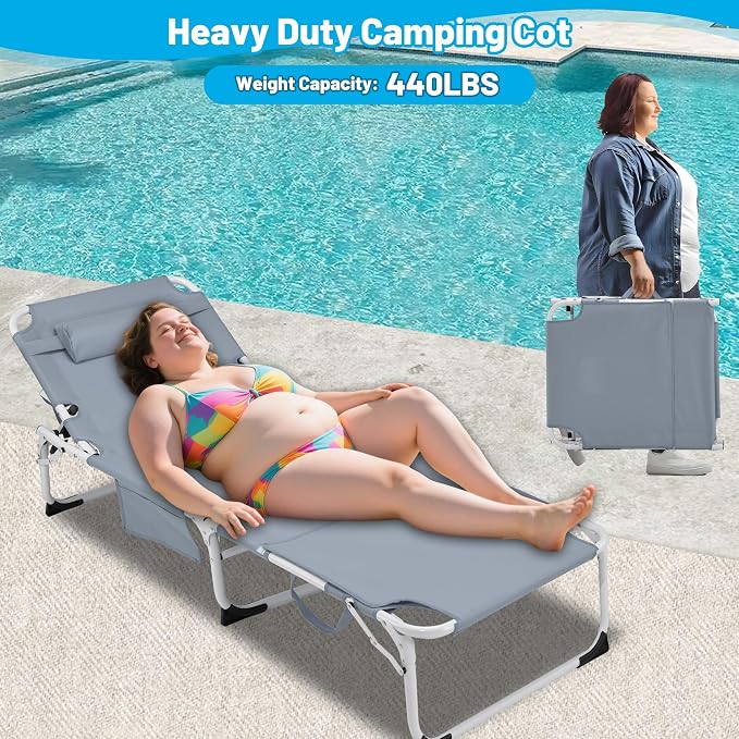 3-in-1 Oversized Sun Tanning Chair with Mat & Face Hole, Heavy Duty Folding Chaise Lounge - 5-Position Adjustable Outdoor Chair for Beach, Pool, Patio, Lawn, Yard - Includes Pillow