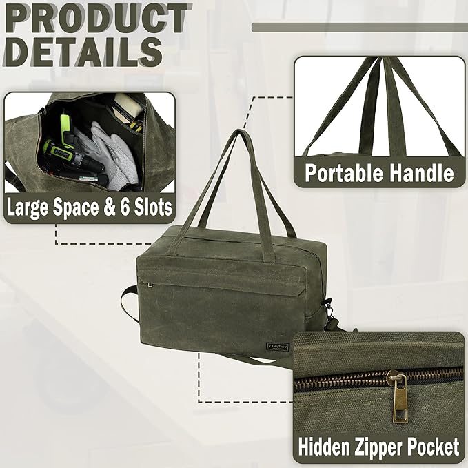 Tool Tote Bag, 16OZ Waxed Canvas Tool Bag with 7-Pocket & Shoulder Strap - for Electrician Contractor Repairman, Multi-Purpose Garden Tools Carrier with Portable Handle, Army Green