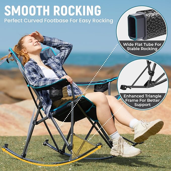 FUNDANGO Oversized Rocking Camping Chair for Adults, 2 Pack Portable Folding Lawn Chairs for Outside with Pillows, Wide Armrest, 2 Cup Holders, Carry Bag for Patio Garden Outdoor Supports 400Lbs