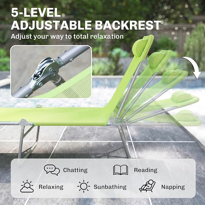 Outsunny Folding Chaise Lounge Pool Chairs, Outdoor Sun Tanning Chairs with Pillow, Reclining Back, Steel Frame & Breathable Mesh for Beach, Yard, Patio, Green